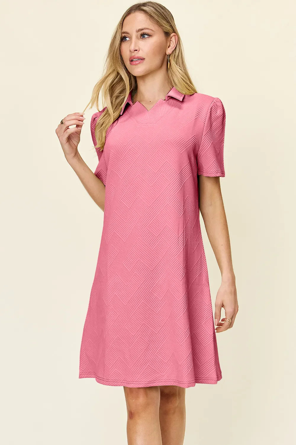 Double Take Full Size Texture Collared Neck Short Sleeve Dress West2East Surf