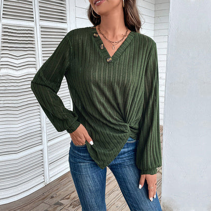 Fall V-neck Women's Top Texture Sunken Stripe Long-sleeved Sweater Grayceful LLC