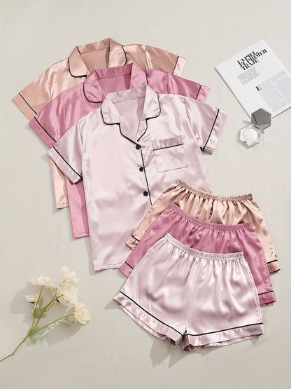 [Three Suits] Multicolor Variety of Short-sleeved Shorts Solid Color Imitation Y Satin PJ Set Women's Two-piece Suit NovaCart