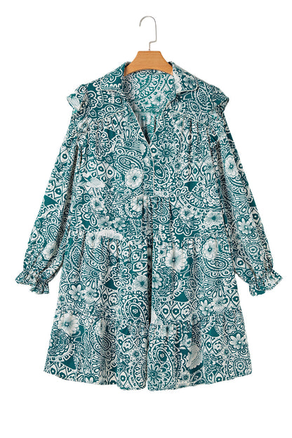 Green Floral Flounce Sleeve Split Neck Plus Size Dress Garden Naked Curves