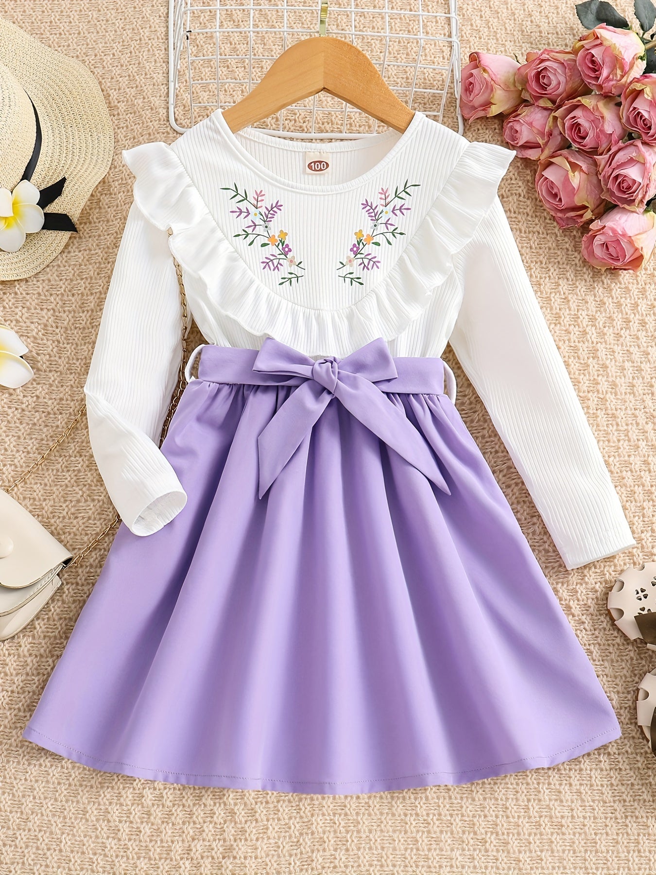 Girls' Elegant Floral Print Long Sleeve Dress with Ruffled Hem & Waist Tie - Knee-Length A-Line Skirt, Round Neck, Non-Stretch Fabric, All-Season Casual to Formal Outfits NovaCart