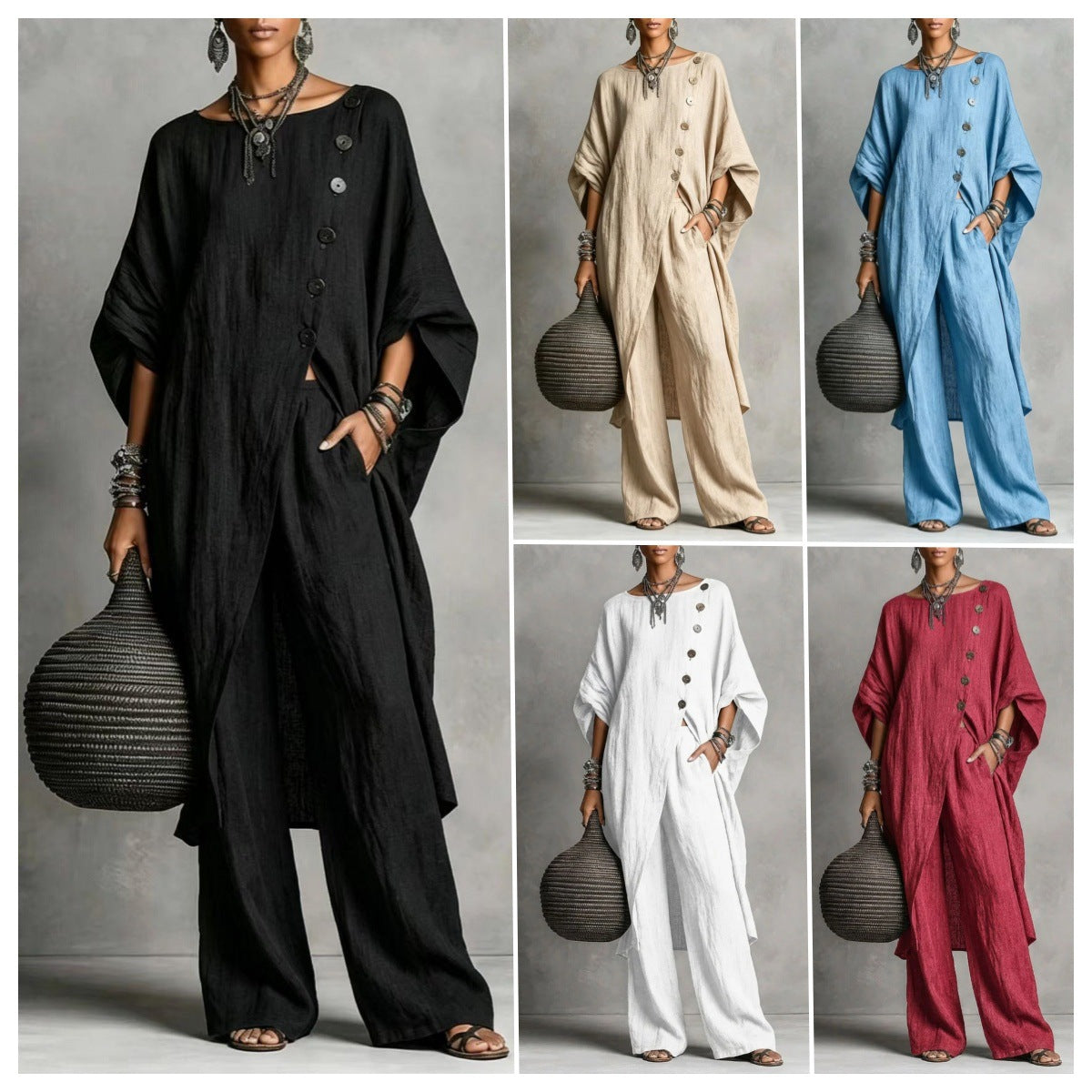 Women's Drop Shoulder Three-Quarter Sleeve Irregular Shirt & Pants Set FitiqueFit