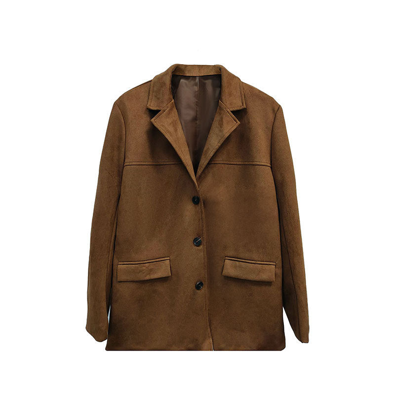 Suede-Look Blazer Jacket — V-Notch Lapel, Button-Front Casual Coat FitiqueFit