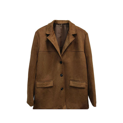 Suede-Look Blazer Jacket — V-Notch Lapel, Button-Front Casual Coat FitiqueFit
