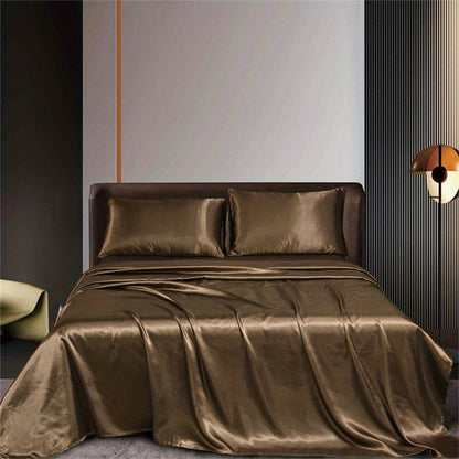 4pcs Satin Bed Sheet Four-Piece Set Includes One Fitted Sheet, One Flat Sheet, And Two Pillowcases. Pillowcases Do Not Include Inserts. Solid Colors Showcase Simple Elegance. The Simple Style Is Classic And Timeless. Polyeste NovaCart