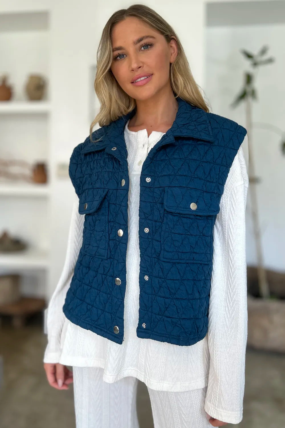 Double Take Full Size Pocketed Texture Snap Down Vest Coat New Era Fashion LLc