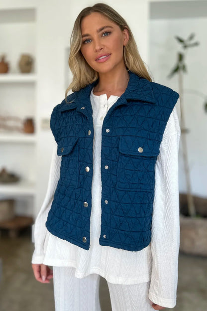 Double Take Full Size Pocketed Texture Snap Down Vest Coat New Era Fashion LLc