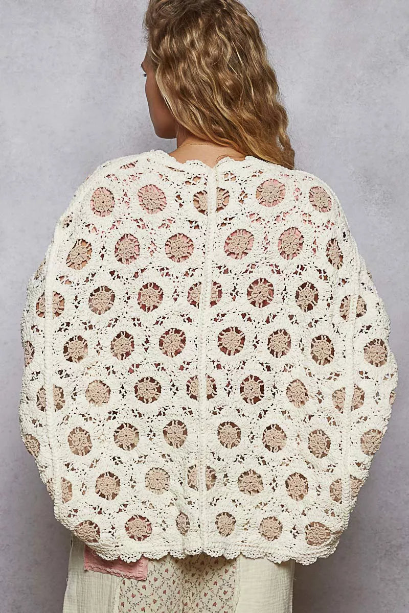 POL Openwork V-Neck Chenille Cardigan with Contrast Floral West2East Surf