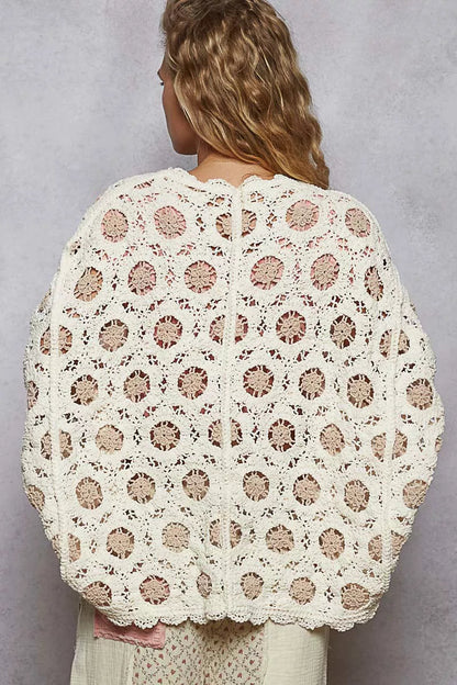 POL Openwork V-Neck Chenille Cardigan with Contrast Floral West2East Surf
