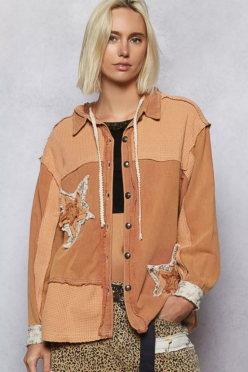 POL Button Down Hooded Jacket with Star Patch Pattern FitiqueFit