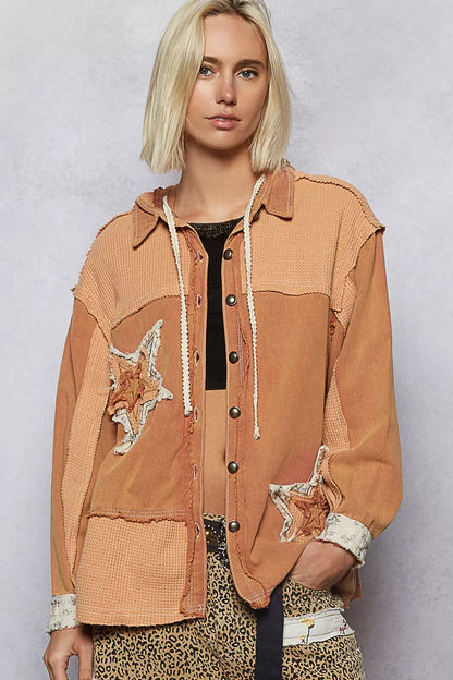 POL Button Down Hooded Jacket with Star Patch Pattern FitiqueFit