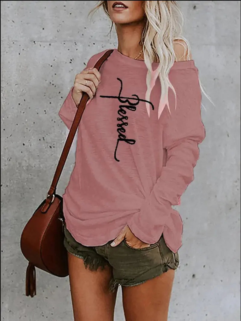 Printed Loose Off-the-Shoulder Round Neck T-shirt
