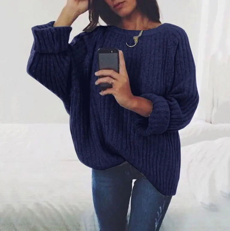 Women's Solid Color Round Neck Sweater Top