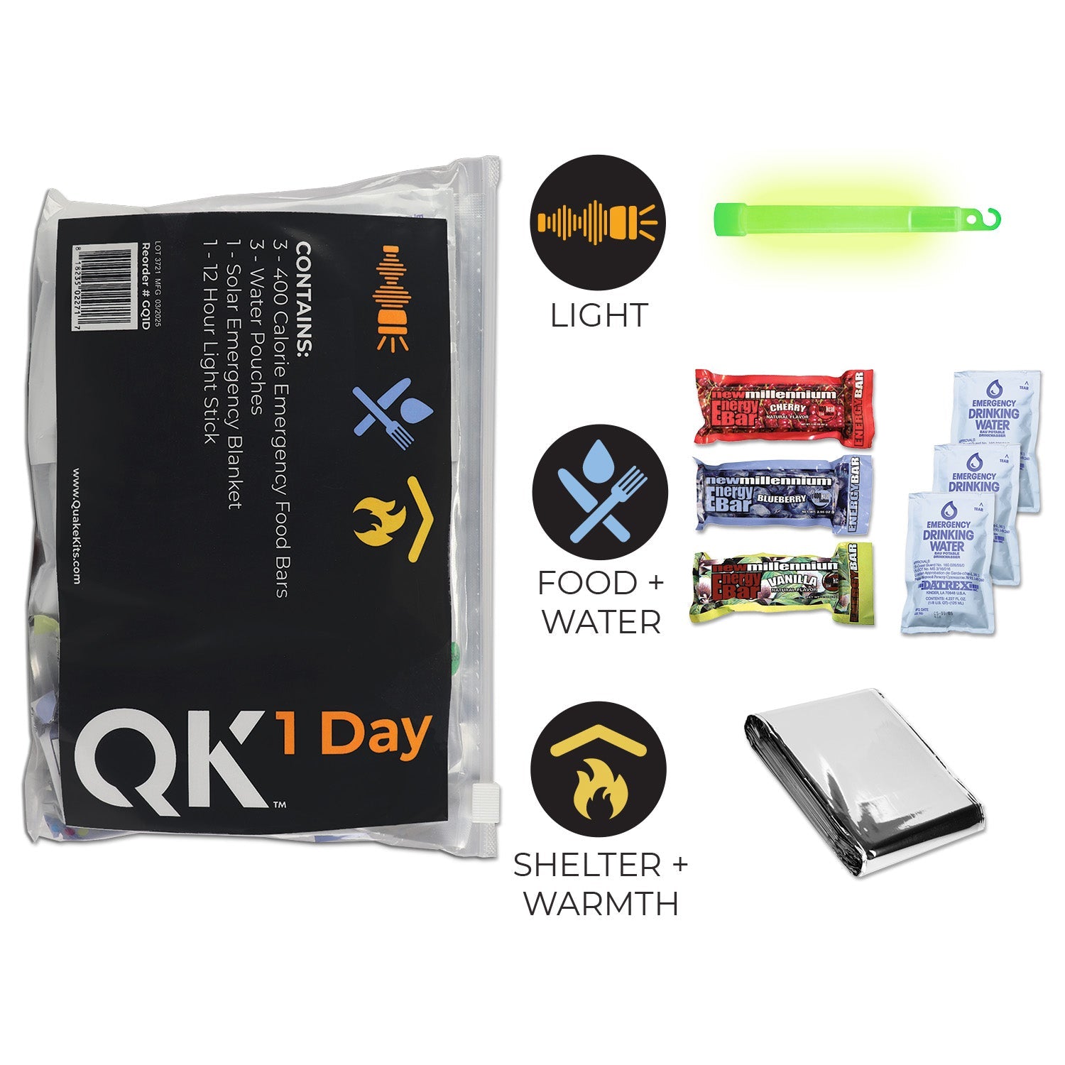 Quake Kits 1 Day Quick Grab Kit in Resealable Bag quakekits.com