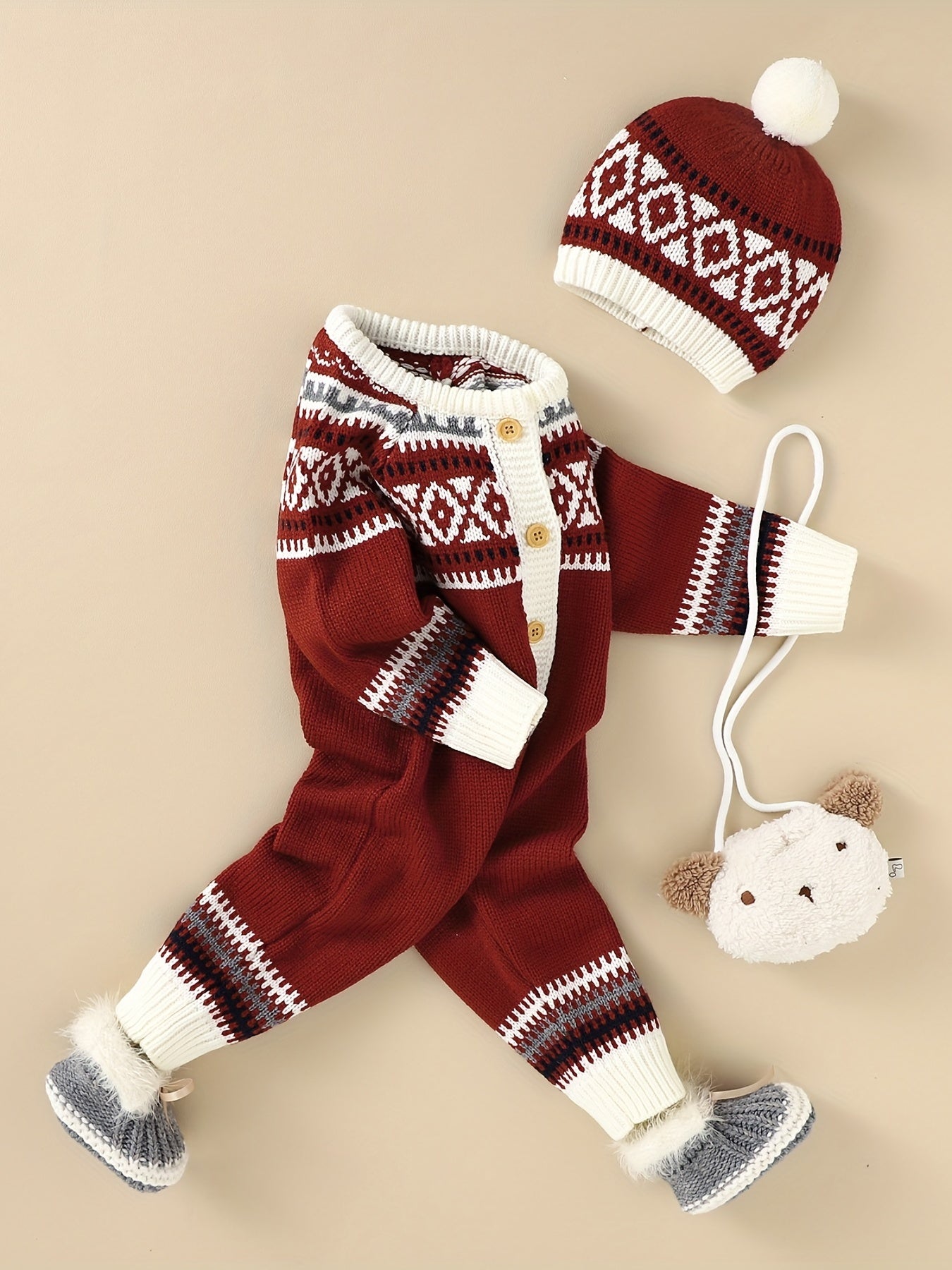 Newborn Infant Geometric Pattern Sweater Romper Long Sleeve Button Jumpsuit & Hat For Toddler Baby Boys And Girls, Suitable For Indoor And Outdoor Wear NovaCart
