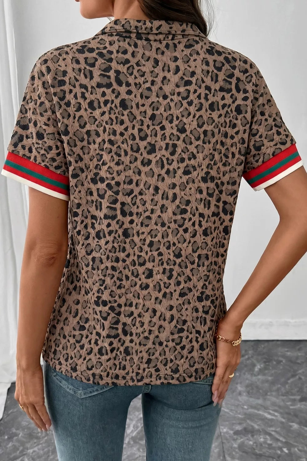 Leopard Jacquard Striped Patchwork Half Zip Short Sleeve Blouse New Era Fashion LLc