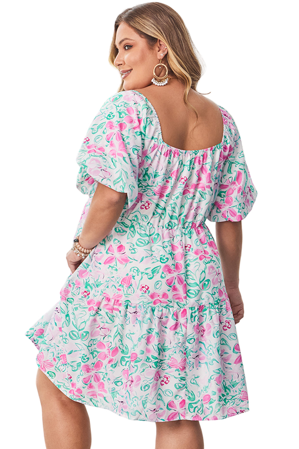 White Floral Print Ric-rac Trim Square Neck Plus Size Mini Dress Garden Naked Curves