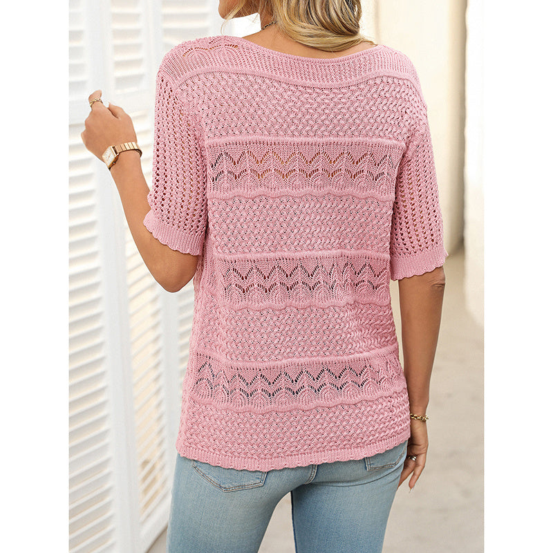 Women’s Short Sleeve Crochet Knit Hollow-Out Top FitiqueFit