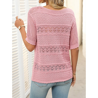 Women’s Short Sleeve Crochet Knit Hollow-Out Top FitiqueFit