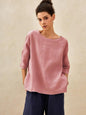 100% Linen Gingham Checked Boatneck 3/4 Length Sleeve Top AURORA