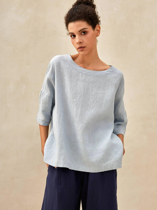 100% Linen Boatneck 3/4 Length Sleeve Top AURORA LINTICO