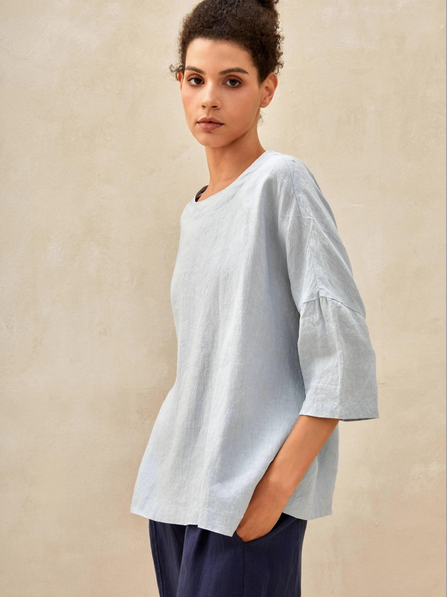 100% Linen Boatneck 3/4 Length Sleeve Top AURORA LINTICO