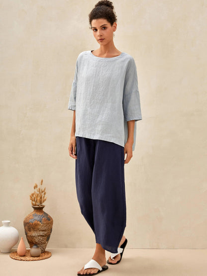 100% Linen Boatneck 3/4 Length Sleeve Top AURORA LINTICO