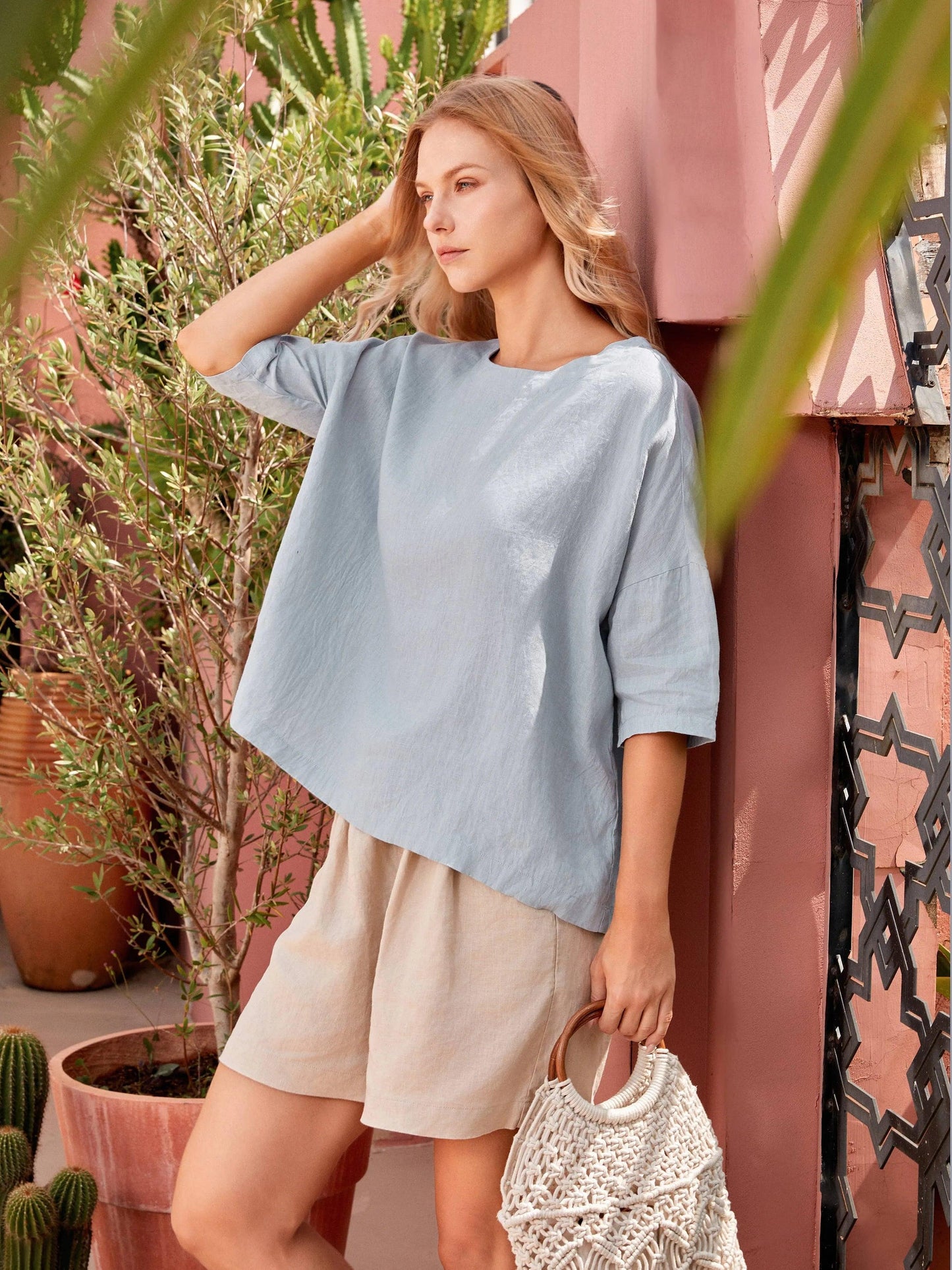 100% Linen Boatneck 3/4 Length Sleeve Top AURORA LINTICO