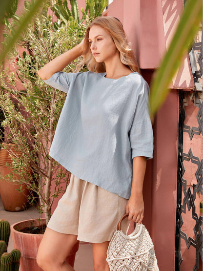 100% Linen Boatneck 3/4 Length Sleeve Top AURORA LINTICO