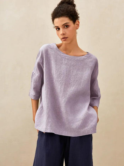 100% Linen Boatneck 3/4 Length Sleeve Top AURORA LINTICO