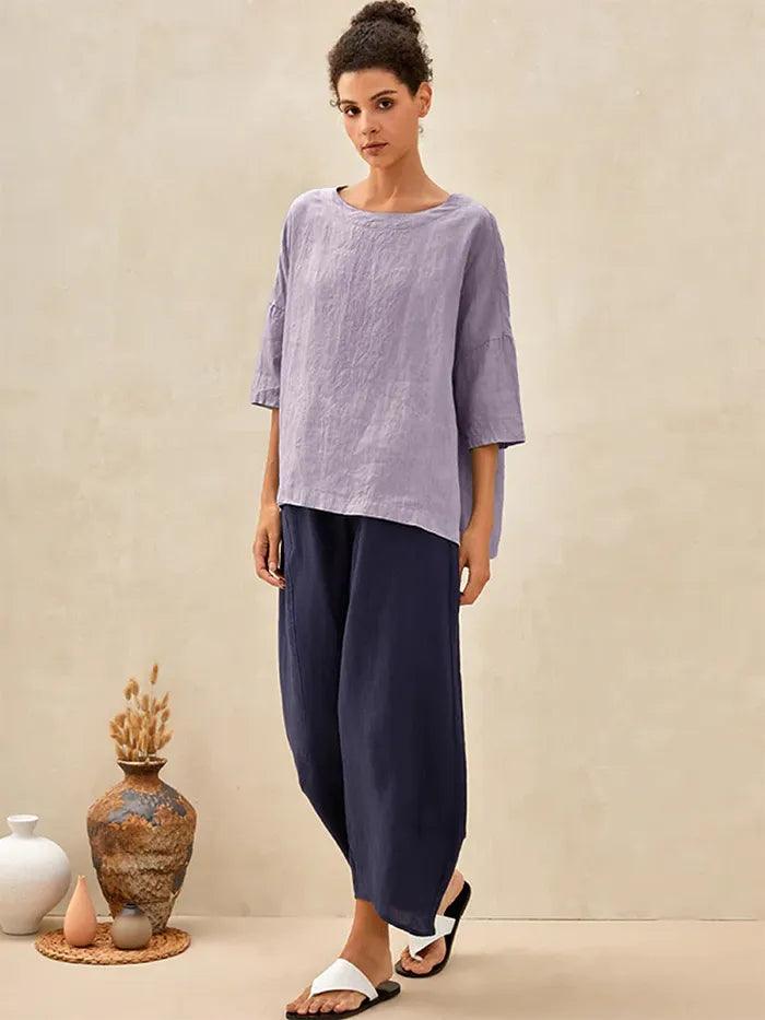100% Linen Boatneck 3/4 Length Sleeve Top AURORA LINTICO