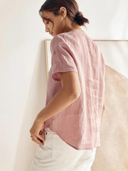 100% Linen Gathered-Neck Shirt URSULA