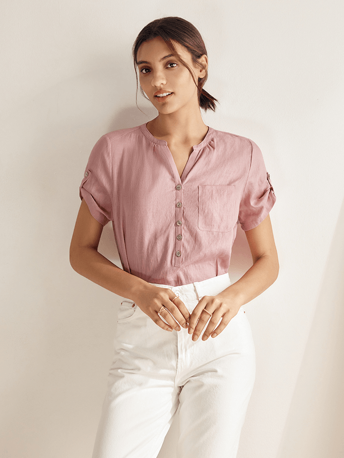 100% Linen Gathered-Neck Shirt URSULA