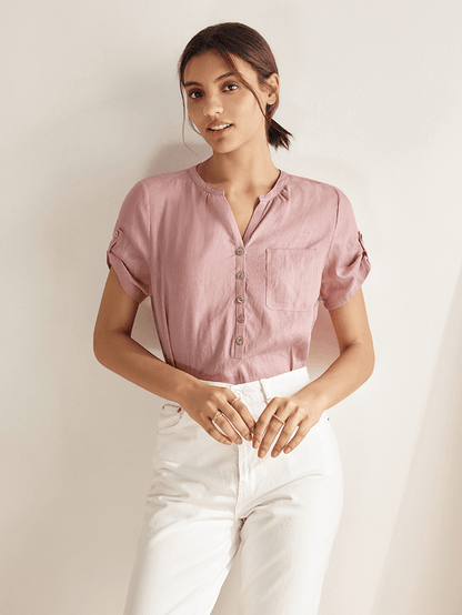 100% Linen Gathered-Neck Shirt URSULA