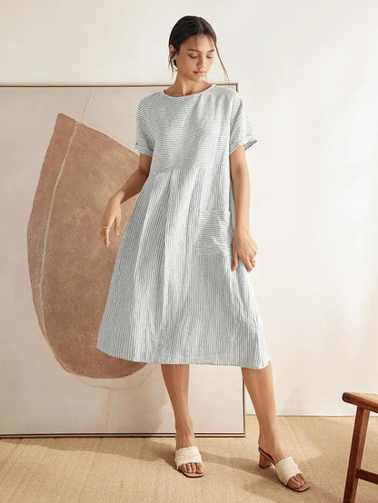 100% Linen Pinstripe Paneled Short-Sleeved Dress MORGAN LINTICO