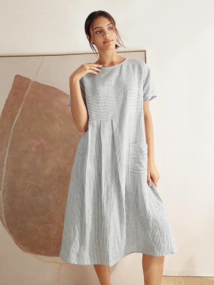 100% Linen Pinstripe Paneled Short-Sleeved Dress MORGAN LINTICO