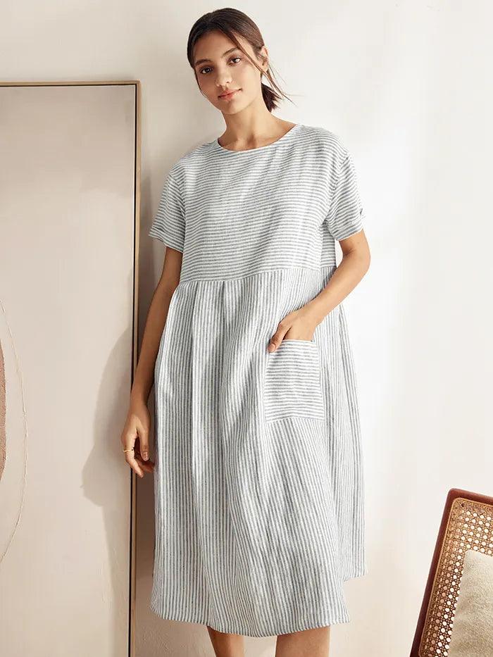 100% Linen Pinstripe Paneled Short-Sleeved Dress MORGAN LINTICO
