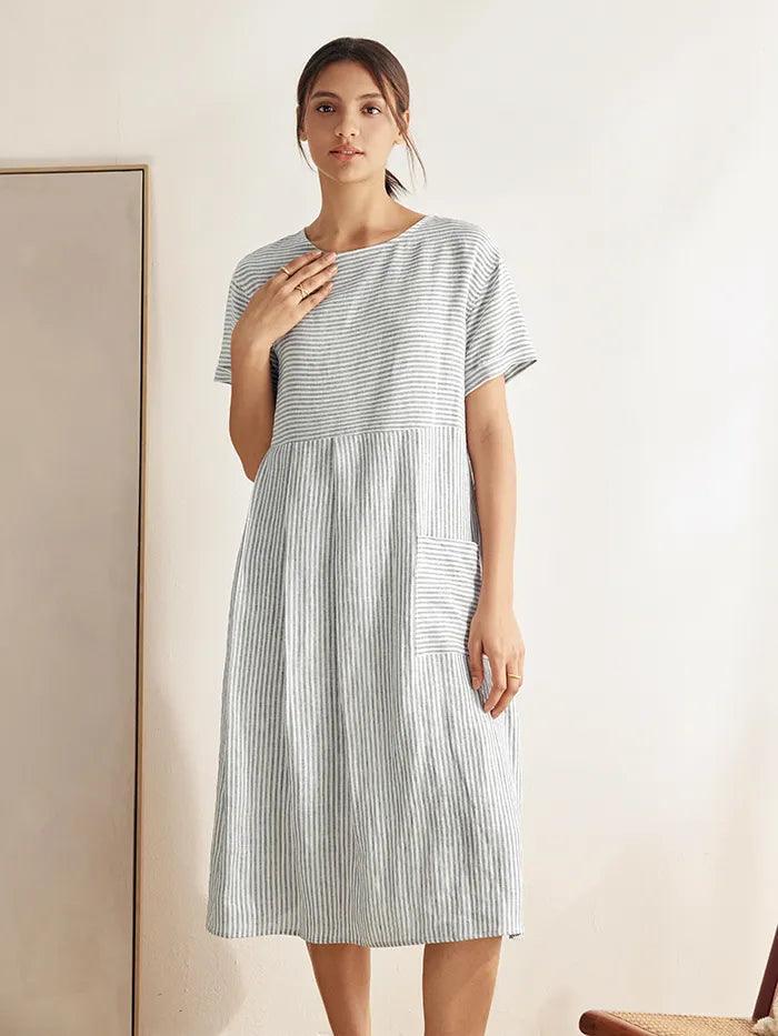 100% Linen Pinstripe Paneled Short-Sleeved Dress MORGAN LINTICO