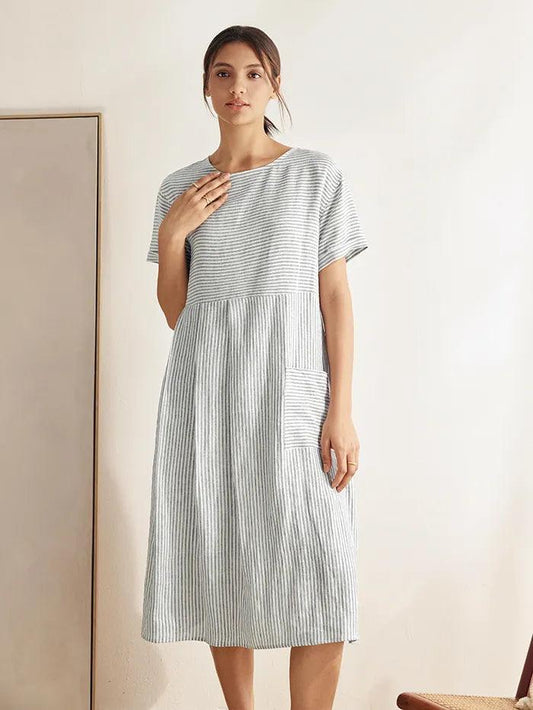 100% Linen Pinstripe Paneled Short-Sleeved Dress MORGAN LINTICO