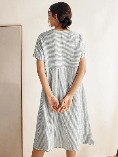 100% Linen Pinstripe Paneled Short-Sleeved Dress MORGAN LINTICO