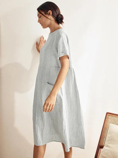100% Linen Pinstripe Paneled Short-Sleeved Dress MORGAN LINTICO