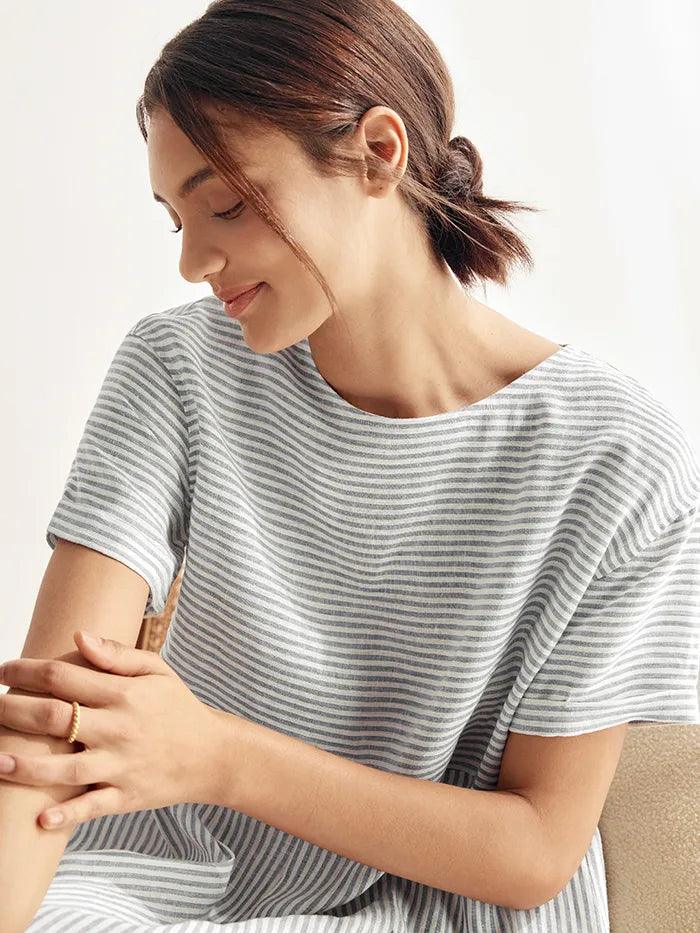 100% Linen Pinstripe Paneled Short-Sleeved Dress MORGAN LINTICO
