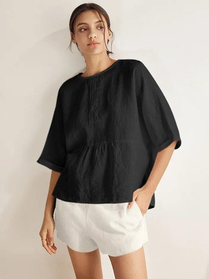100% Linen Round Neck Mid-Sleeve Top ROBYN