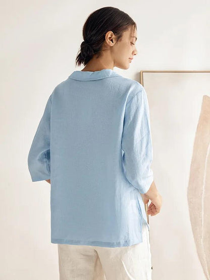 100% Linen Shawl V-Neck Half Sleeve Top JADE LINTICO