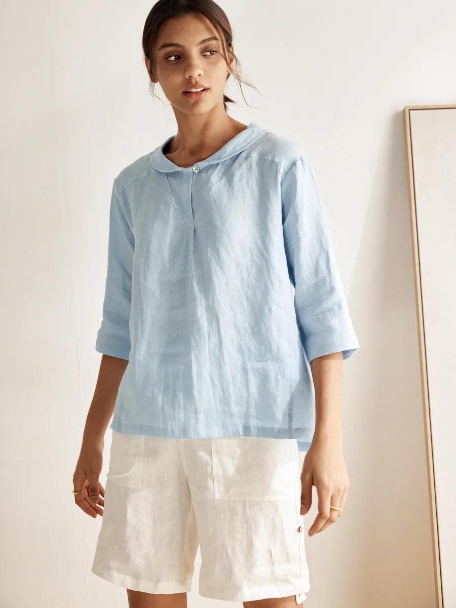 100% Linen Shawl V-Neck Half Sleeve Top JADE LINTICO