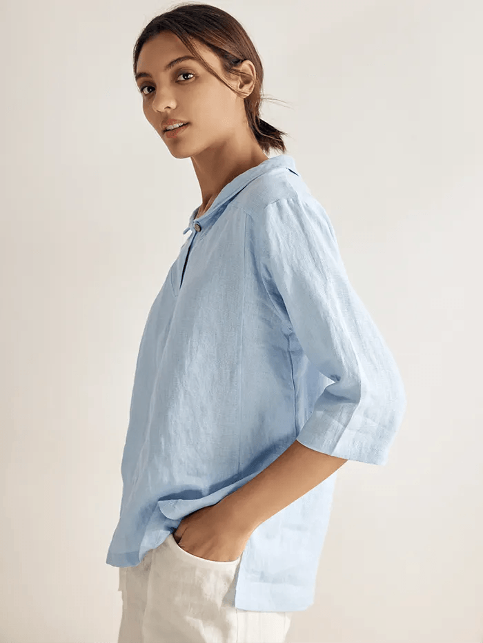 100% Linen Shawl V-Neck Half Sleeve Top JADE LINTICO
