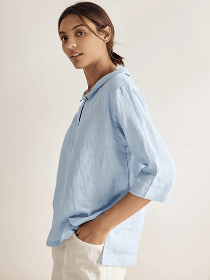 100% Linen Shawl V-Neck Half Sleeve Top JADE LINTICO