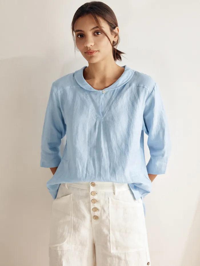 100% Linen Shawl V-Neck Half Sleeve Top JADE LINTICO