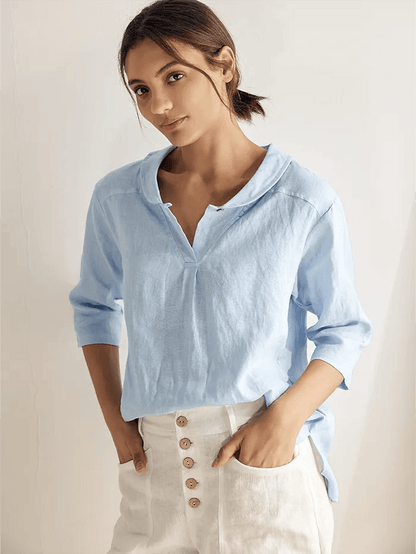 100% Linen Shawl V-Neck Half Sleeve Top JADE LINTICO