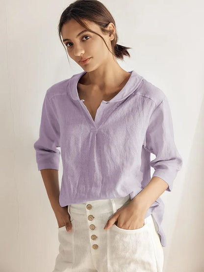 100% Linen Stripe Shawl V-Neck Half Sleeve Top JADE LINTICO